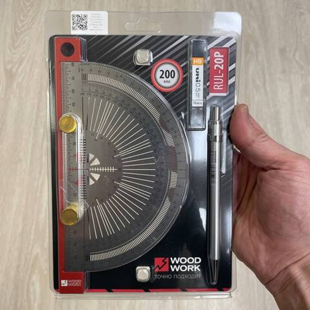 ХИТ! Комплект Транспортир с упорной планкой 200 мм с механическим карандашом и 12 шт стержнями Woodwork RUL-20P