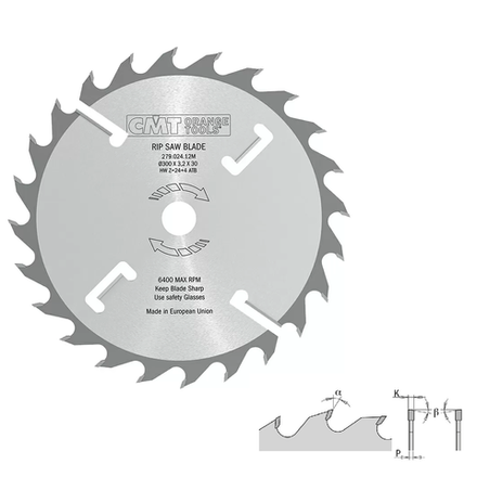 ЗИМА ДЕШЕВЛЕ! Диск пильный CMT 300 x 70 x 3,2 / 2,2 18 гр. 10 гр. ATB Z 24 /4, продольное пиление, для многопильных станков с подрезными ножами 279.024.12V