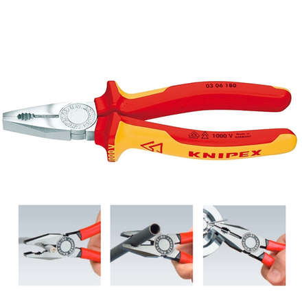 Плоскогубцы комбинированные VDE 180 мм (ПАССАТИЖИ 1000 V) хром, 2 - комп диэлектрические ручки 03 06 180 KNIPEX KN-0306180SB