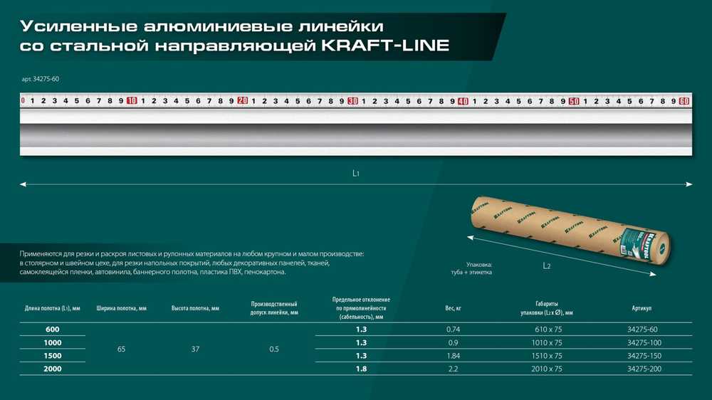 Новинка! Усиленная алюминиевая линейка KRAFTOOL Kraft-line 60 см со стальной направляющей, в тубе 34275-60