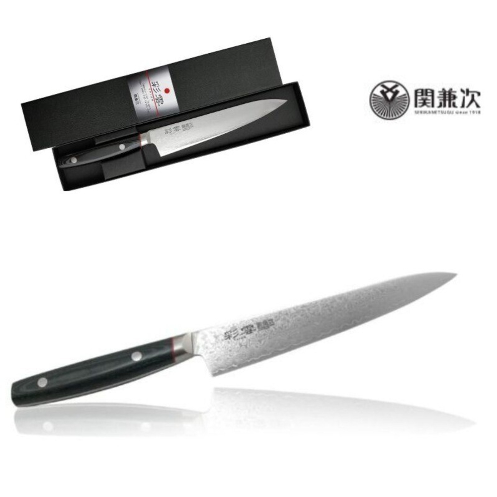 Нож японский Кухонный Универсальный Kanetsugu Saiun Damascus длина лезвия 150 мм сталь VG-10, 33 слоя рукоять микарта заточка 10000 Tojiro 9002