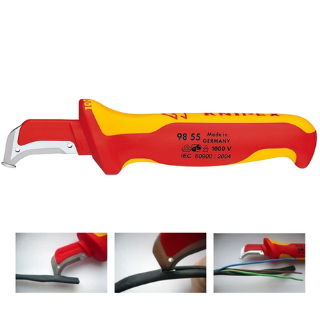 Новинка! Нож для удаления изоляции KNIPEX 180 мм для кабеля VDE с "пяткой", нерж. хирургическая сталь, 2К диэлектрическая ручка KN-9855SB