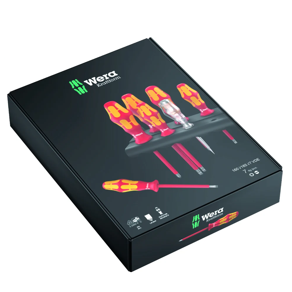 Новинка! Набор 7 предметов WERA Kraftform Plus ОТВЕРТКИ диэлектрические 160 i / 165 i / 7 Rack VDE, пробник - подставка PZ 1-2, SL 2.5-3.5-4-5.5 WE-006148