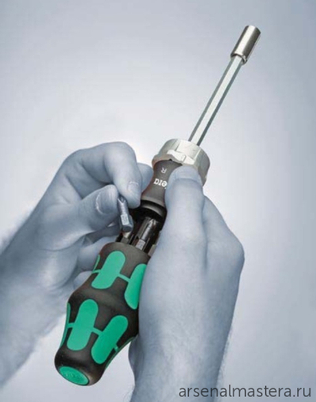 Набор 6 предметов БИТЫ с отвёрткой-битодержателем c трещоткой Kraftform Kompakt 27 RA 1 SB 073660 WERA WE-073660