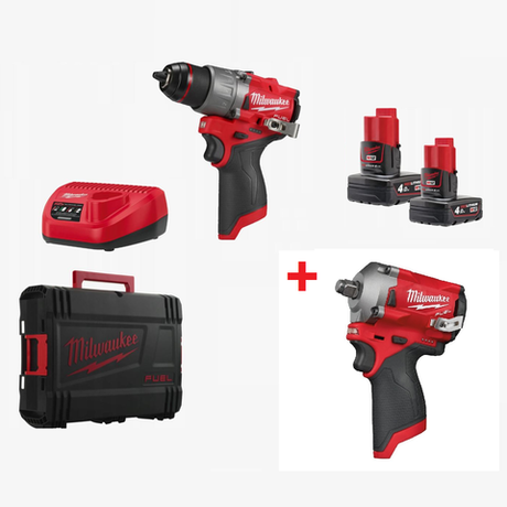 УДОБНЫЙ КОМПЛЕКТ: Аккумуляторная Дрель - шуруповерт M12 FDD2-402 с 2 аккумуляторами, зарядным устройством 4933479874 и Гайковерт M12 FUEL FIWF12-0 4933464615 MILWAUKEE N073-2AM