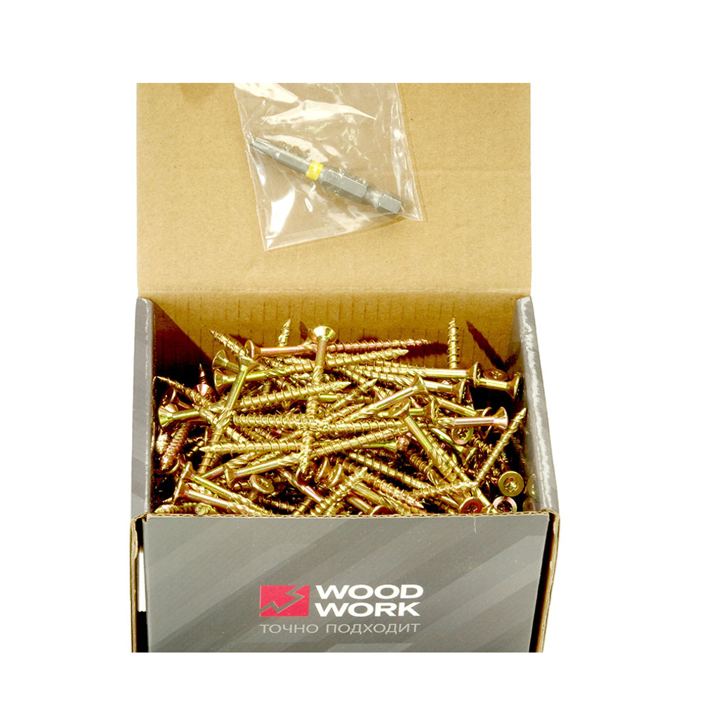 Новинка! Шурупы 400 штук Woodwork Torx T20 стальные конструкционные 4,0 x 40 х 25 мм, цинковое покрытие с битой Т20 SCC-04040