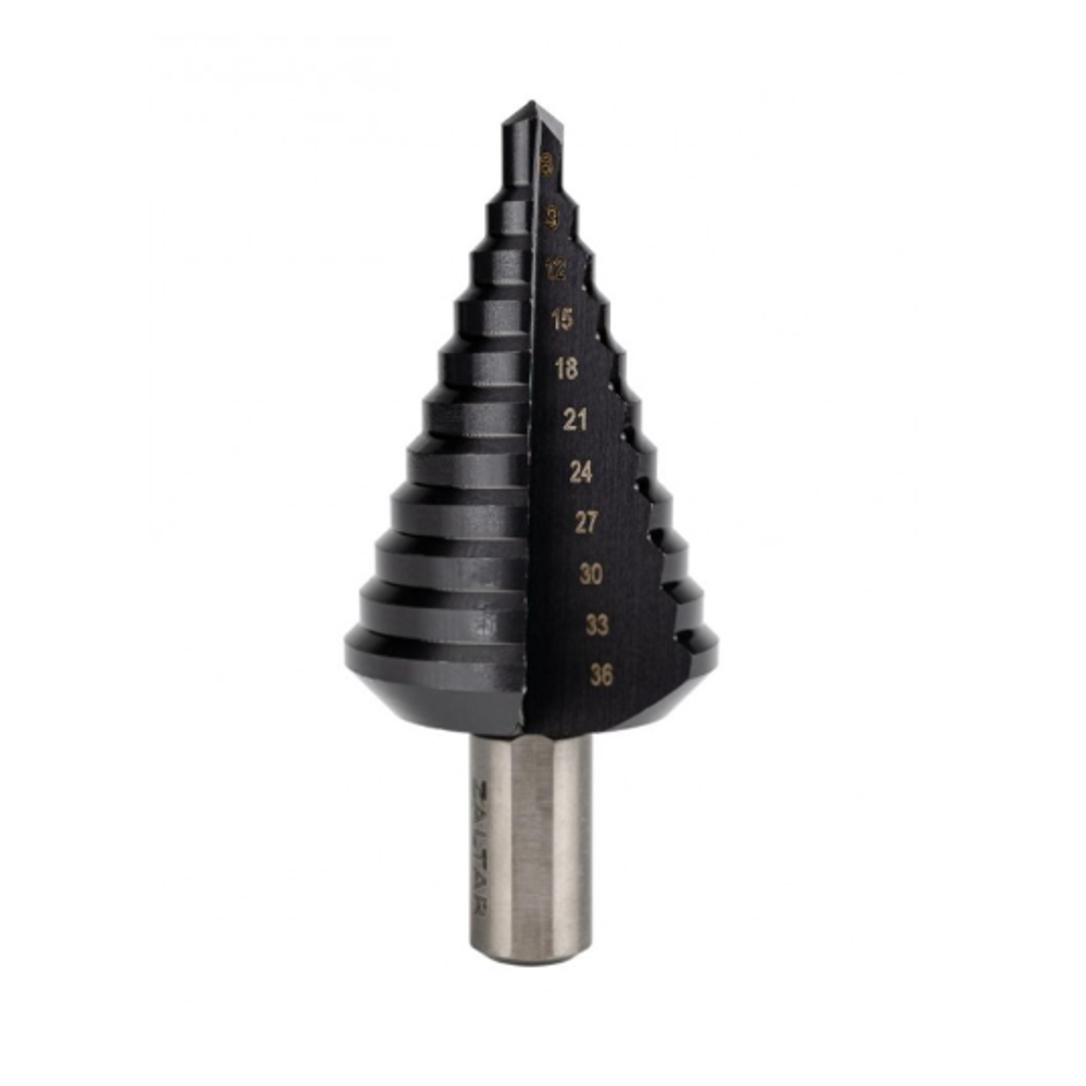 Новинка! Сверло ступенчатое по металлу ZALTAR HSS TiAlN, D 9-36 мм, S=12, прямая канавка, трёхплоскостной хвостовик ZA-50069