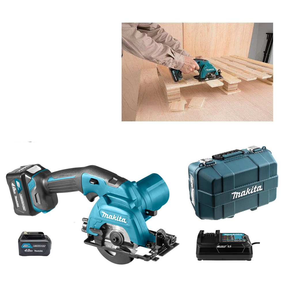 Новинка! КОМПЛЕКТ Аккумуляторная дисковая пила Makita CXT 12В, ДВА Аккумулятора 4.0 Ач, Зарядное устройство, Кейс. Диск 85/15 мм, с функцией обдува линии реза. Распиловки заготовок толщиной до 25,5 мм. Наклонный рез до 45 градусов HS301DWME