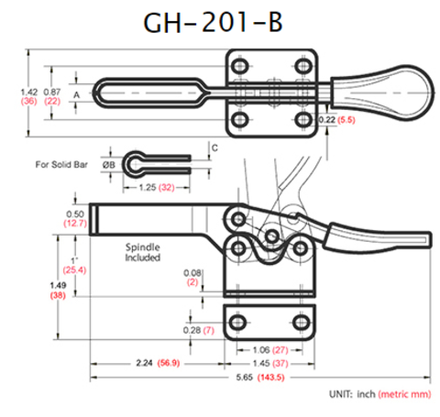 ХИТ! Зажим механический с горизонтальной ручкой усилие 90 кг высокая база 41 мм Woodwork GH-201-BHB