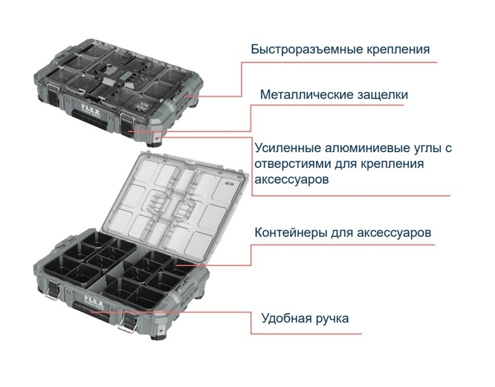 Новинка! Большой кейс - органайзер с прозрачной крышкой, 8 съемных контейнеров для аксессуаров STACK PACK TK-L SP BO FLEX  531467