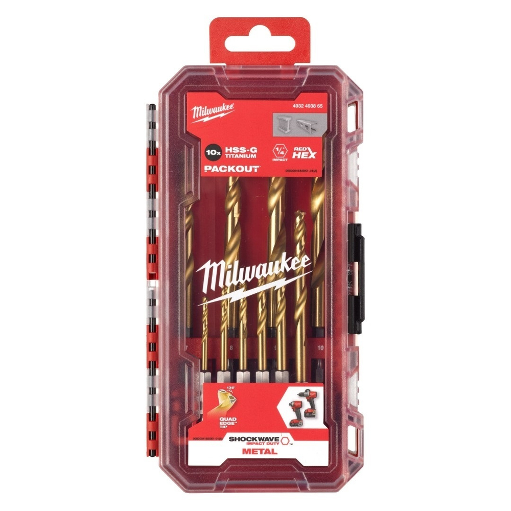 ХИТ! Набор сверл по металлу 10 единиц RED HEX - SHOCKWAVE HSS-TiN Shockwave HSS-G Tin Red Hex Set - 10 pc MILWAUKEE 4932493865
