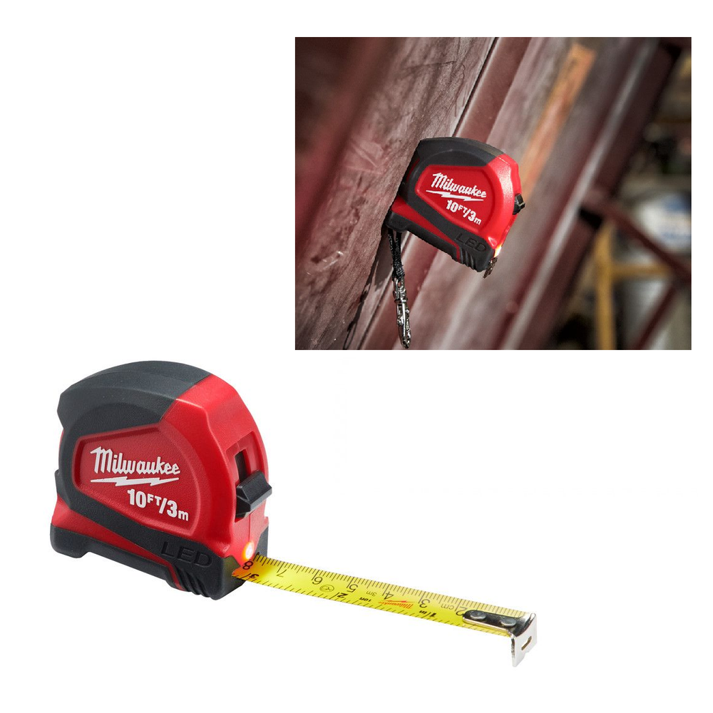 ХИТ! Рулетка MILWAUKEE 3 м с LED подсветкой и магнитом в корпусе, ширина полотна 12 мм 48226602