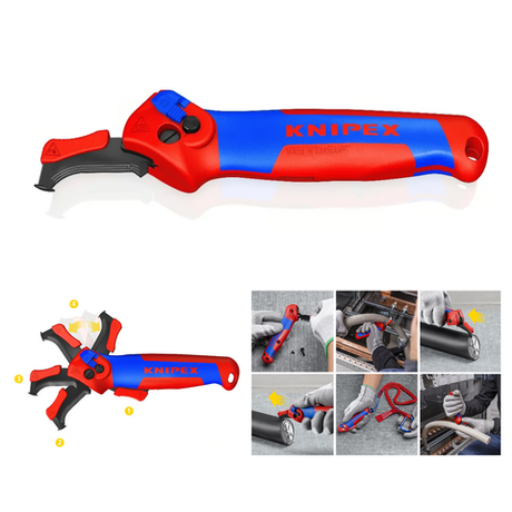 Новинка! Нож для кабеля с пяткой, трещоткой KNIPEX 146 мм, 2К ручка, для зачистки c опорным башмаком режет твердые, прочные пластиковые оболочки с толщиной стенки до 7 мм KN-1650145SB