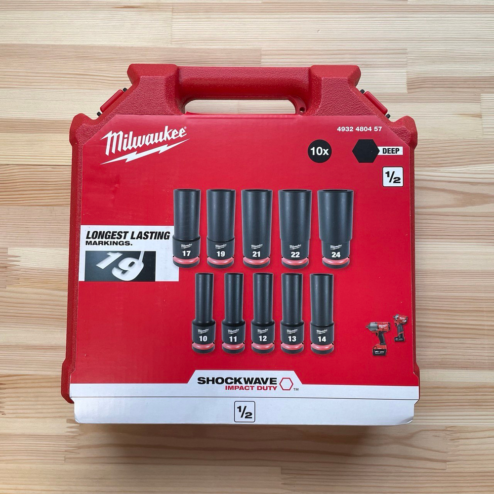 Новинка! Набор головок ударных удлиненных 10 шт. Milwaukee SHOCKWAVE 1/2" 10, 11, 12, 13, 14, 17, 19, 21, 22, 24 мм в кейсе 4932480457