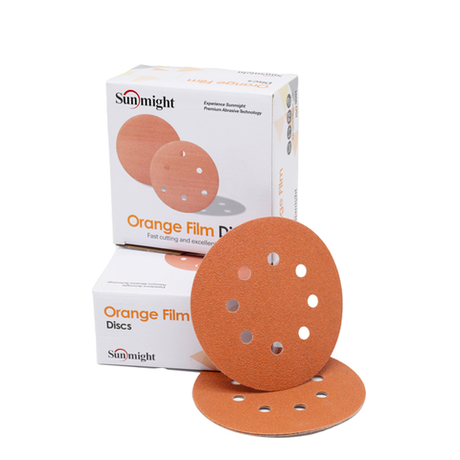 Новинка! Шлифовальные круги 100 шт SUNMIGHT ORANGE FILM Q128O 125 мм, 8 отверстий, на липучке P 80, оранжевый 23006