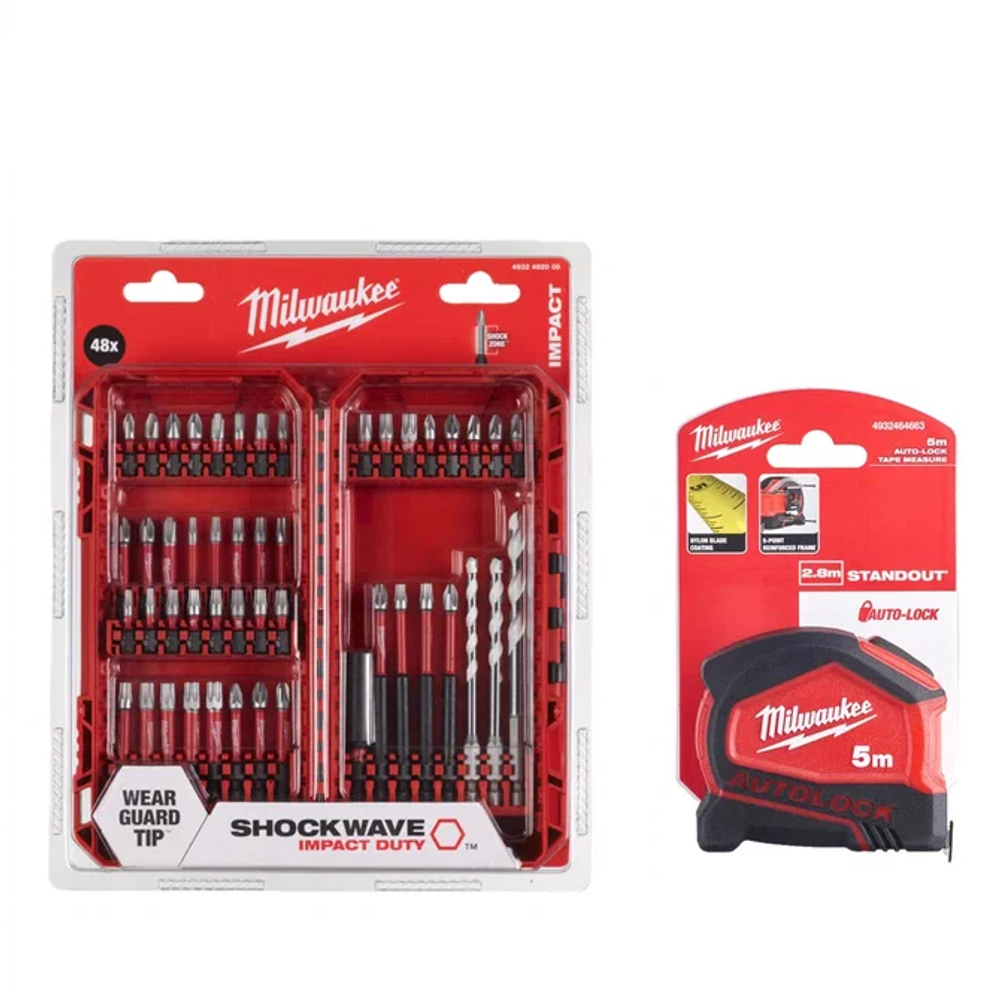 ВЫГОДНО! КОМПЛЕКТ с Рулеткой 5 м / 25 мм Autolock 4932464663 и Набор бит ударных 48 шт. SHOCKWAVE GEN III Impact Duty sets и Hex сверла по мультиматериалам 4932492005 MILWAUKEE N0115-2AM
