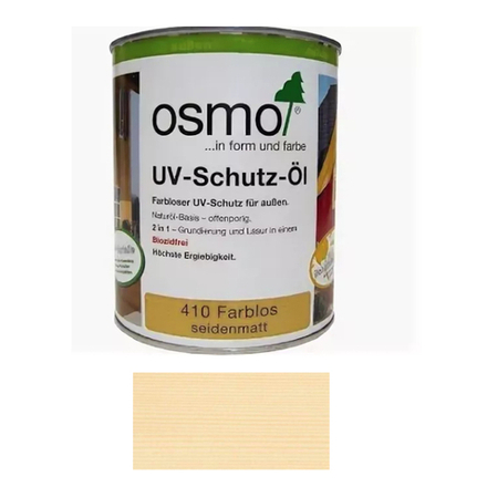 Защитное масло с УФ-фильтром Osmo 410  Бесцветное шелковисто-матовое без биоцидов 0,75 л с защитой от УФ-лучей, против роста синей гнили, плесени, грибков UV-Schutz-Ol для наружных работ Osmo-410-0,75 11600021