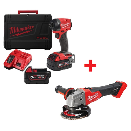 Комплект: Аккумуляторный винтовёрт M18 FUEL FID3-502X с 2 аккумуляторами, быстрозарядным устройством 4933479865 и УШМ M18 FUEL FSAG125X-0X 4933478428 MILWAUKEE N063-2AM