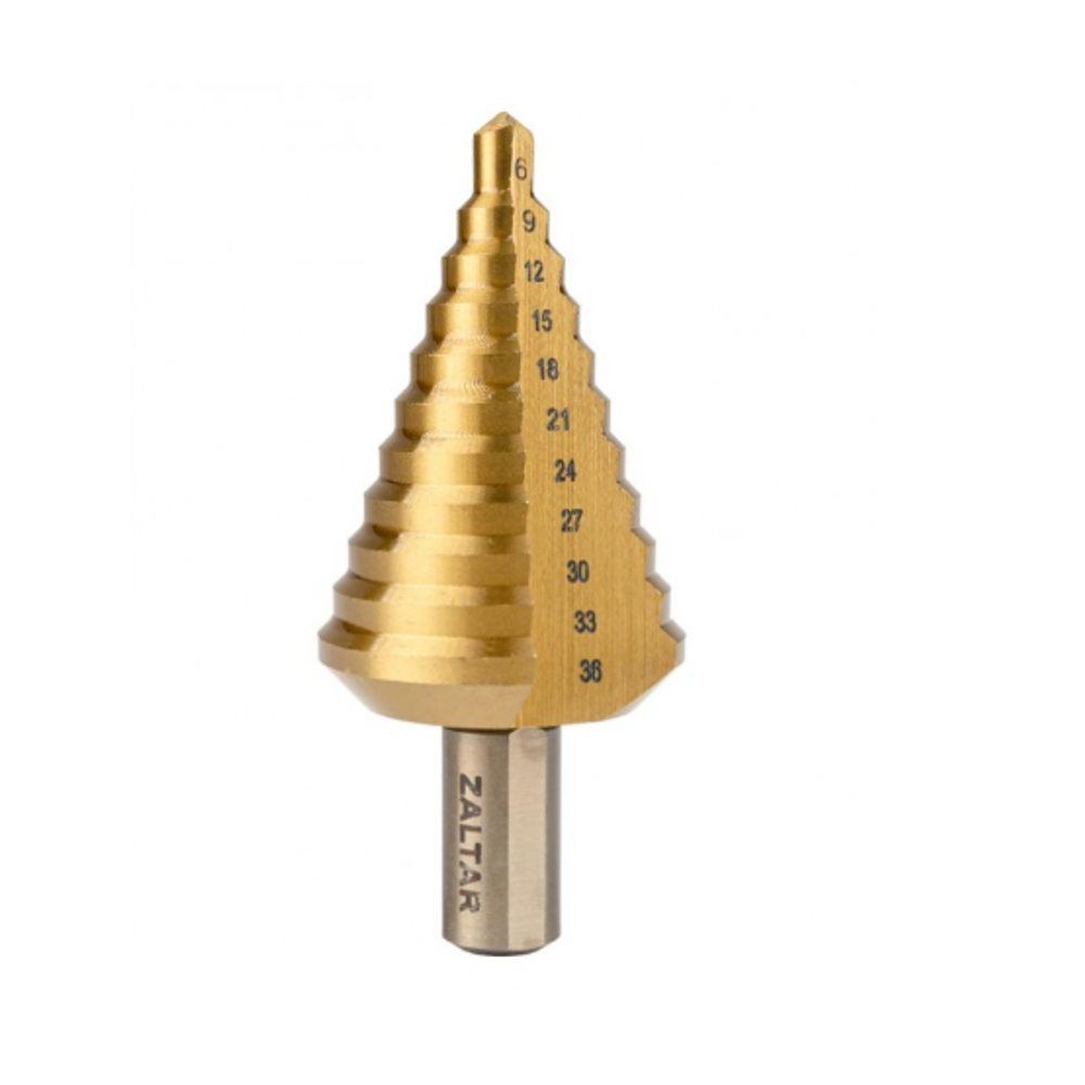 Новинка! Сверло ступенчатое по металлу ZALTAR HSS TiN, D 9-36 мм, S=12, прямая канавка, трёхплоскостной хвостовик ZA-05349