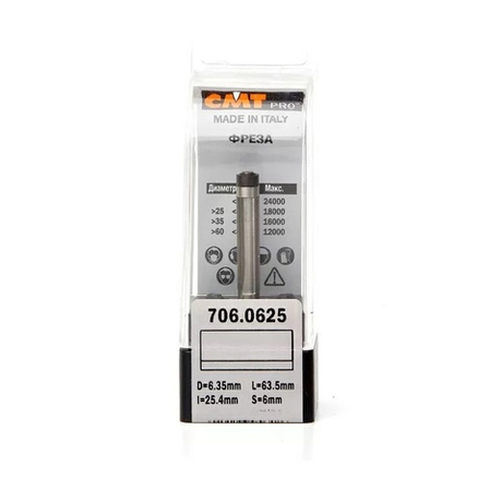 Фреза PRO прямая концевая обгонная с нижним подшипником D 6,35 I 25,4 S 6 L 63,5 CMT 706.0625