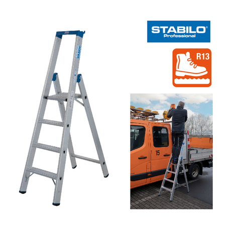 Новинка! Стремянка алюминиевая KRAUSE STABILO 1 x 4 со ступенями R13 из прессованного профиля с противоскользящим профилированием и подъемником платформы с обеих сторон. Рабочая высота 2,95 м, полка и крючок для ведра 136022