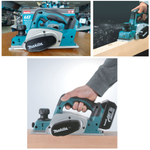 Новинка! КОМПЛЕКТ: Аккумуляторный рубанок Makita LXT 18 В, ДВА Аккумулятора 3,0 Ач, Зарядное устройство, КЕЙС, Макс. ширина строгания 82 мм, глубина 2 мм, Мах глубина выборки четверти 9 мм DKP180RFE