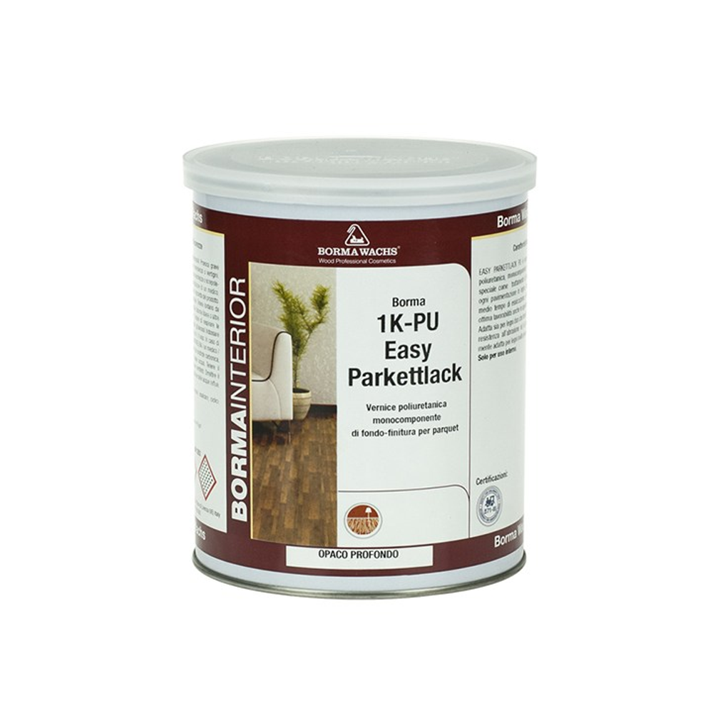 Новинка! Паркетный лак полиуретановый однокомпонентный самогрунтующийся Borma Easy Parkettlack 1K-PU, блеск 30 - 40% бесцветный матовый 1 л, для внутренних работ 4160-30.PU