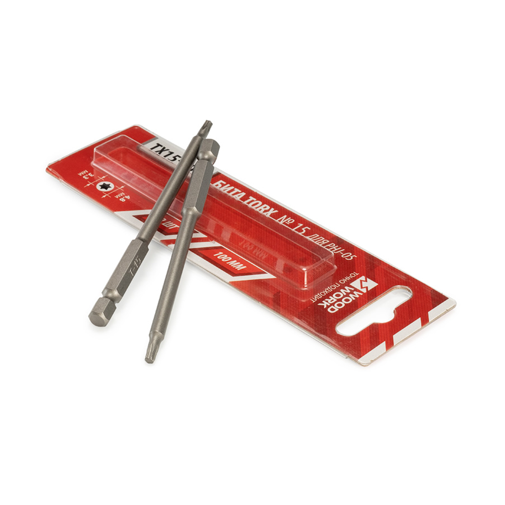Новинка! Набор бит 2 шт TORX-T15 №2 WOODWORK для саморезов, длина 100 мм, для кондуктора PHJ-05 TX15-100