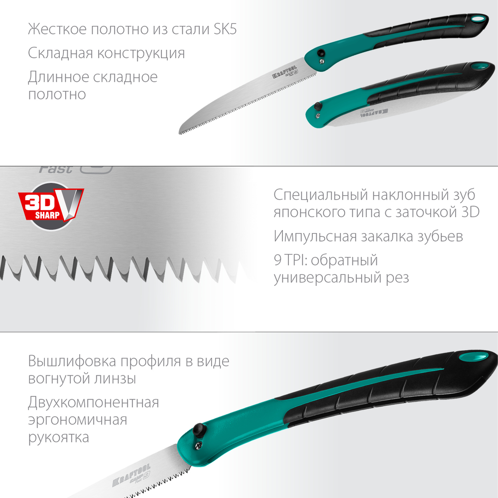 Новинка! Ножовка тип японский по дереву / пила складная KRAFTOOL Camp Fast 9, в сложенном виде 310 мм, полотно 250 мм, 9 TPI, сталь SK-5 для быстрого реза сырой древесины 15218