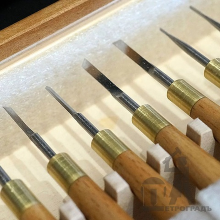 Набор N15 для резьбы по дереву 23 предмета МИНИ ПЕТРОГРАДЪ стамески прямые плоские, косые, полукруглые, мини нож, уголок V образный штихельные рукояти в коробке М00019067