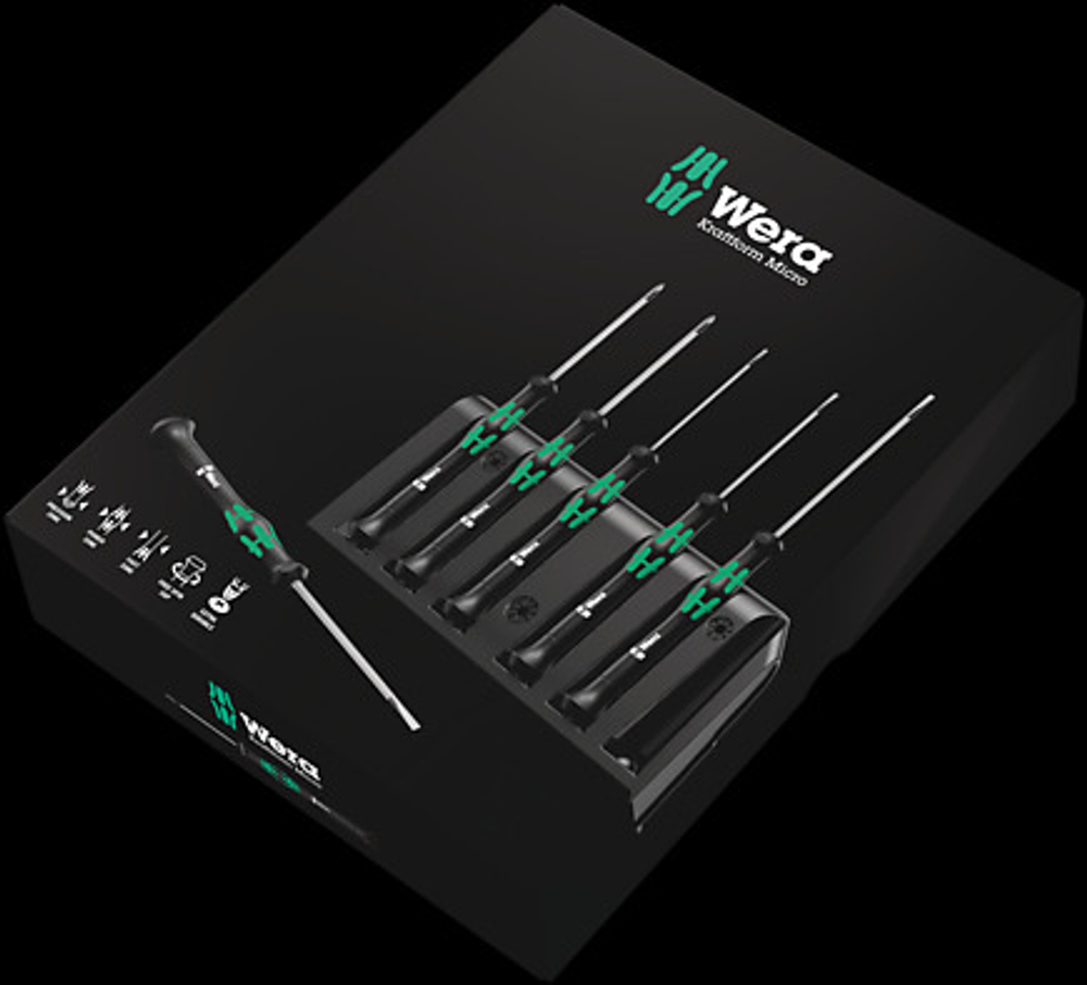 Новинка! Набор 6 предметов WERA Kraftform Micro ОТВЕРТКИ прецизионные + подставка PH 00 x 60 / 0 x 60, SL 0.30 x 1.8 для электроники, точных работ WE-118150
