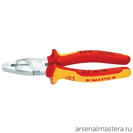 Плоскогубцы комбинированные VDE 160 мм для тяжёлых нагрузок, хром, 2-комп диэлектрические ручки 01 06 160 KNIPEX KN-0106160