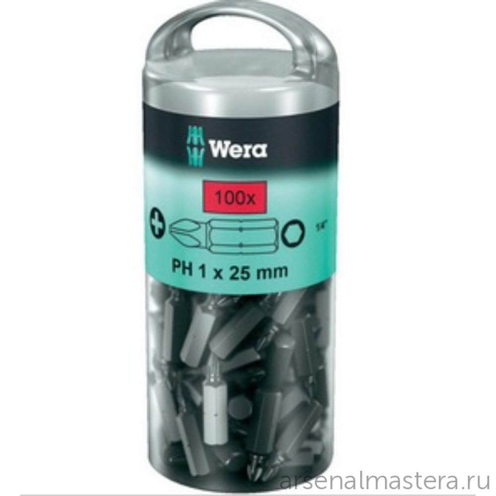 Набор 100 предметов БИТЫ, 1 / 4 C6.3, PH 2 x 25 мм, 851 / 1 Z DIY 100 PH 2 в тубе WERA WE-072441