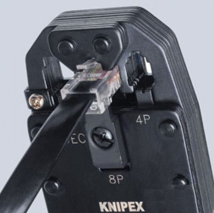 Пресс-клещи 200 мм (ОБЖИМНИК ручной) для штекеров RJ, 3 гнезда, RJ 10 (4-pin), RJ 11/12 (6-pin), RJ 45 (8-pin) 97 51 12 в блистере KNIPEX KN-975112SB