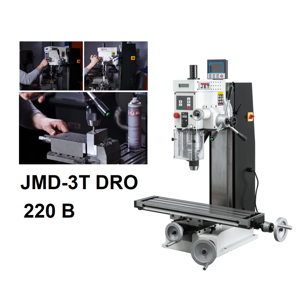 Новинка! Фрезерно - сверлильный станок JET JMD-3T DRO с УЦИ 220 В 1000 Вт, стол 160 x 700 мм. Плавная регулировка частоты вращения, Реверс, Наклон головки +/-90 гр. 50000549M