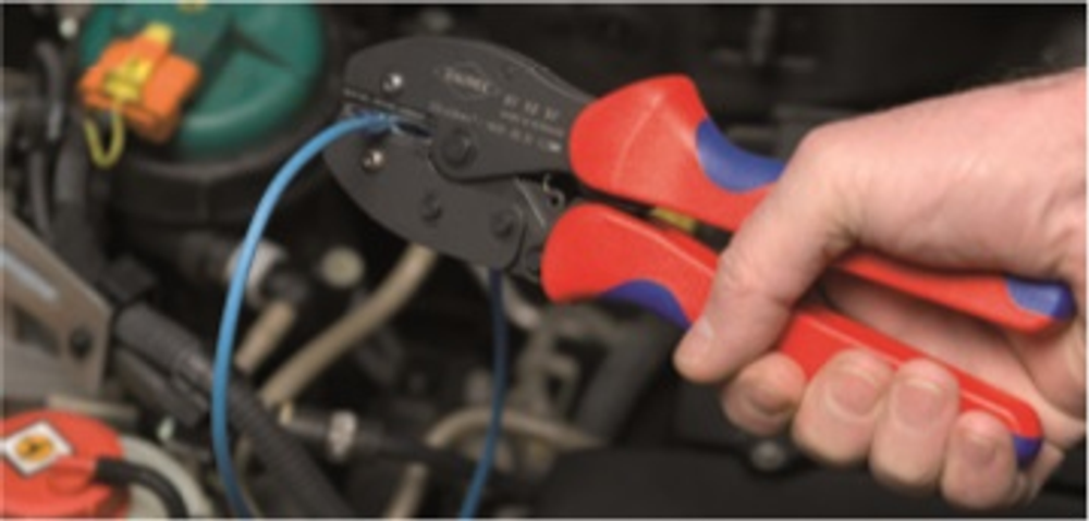 АКЦИЯ ВЕСНА 2026! Пресс - клещи 220 мм KNIPEX PreciForce (Клещи для опрессовки, Ручной обжимник) 3 гнезда, штекеры открытые неизолированные 4.8/6.3 мм, 0.5-6.0 мм² KN-975235