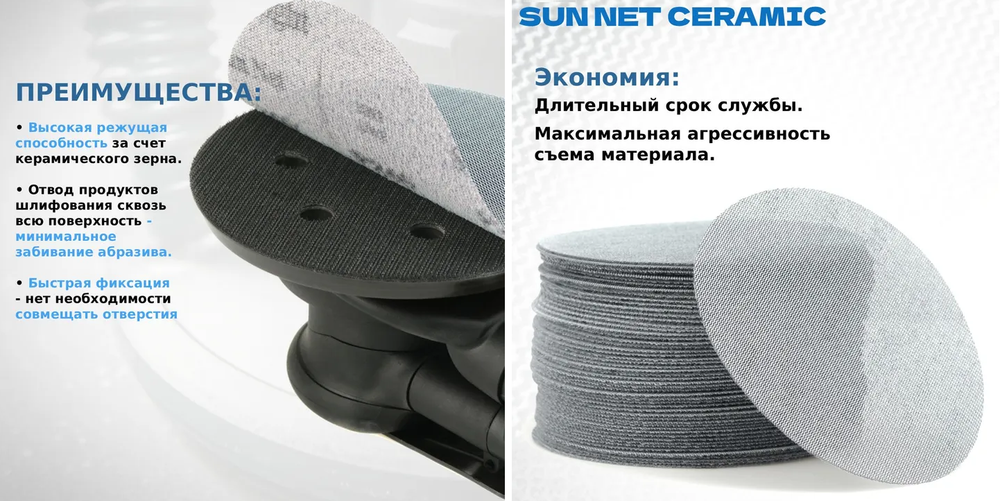 ЧЕРНАЯ РАСПРОДАЖА! Шлифовальные круги 50 шт Sunmight SUN NET Ceramic X713T 150 мм P240, на липучке, сетка 35112-50