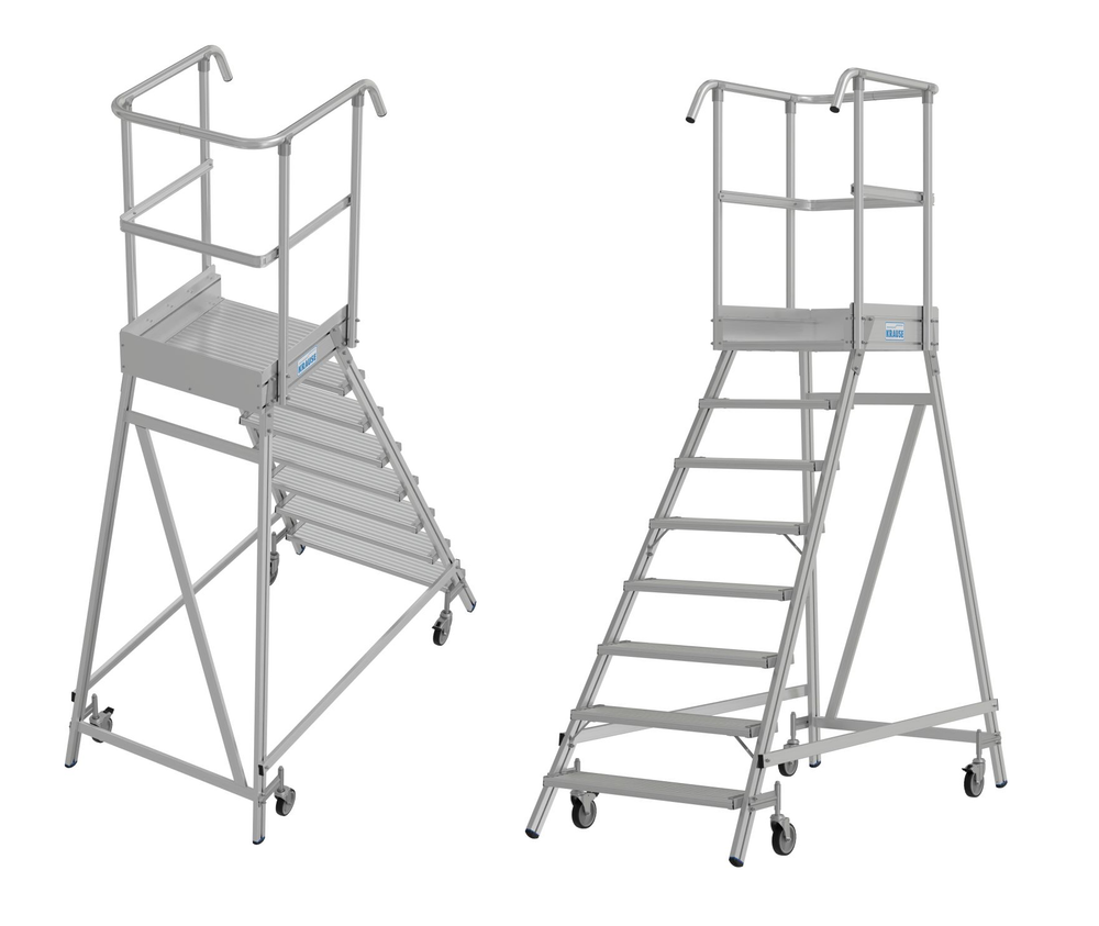 Новинка! Односторонняя передвижная лестница с платформой KRAUSE STABILO 8 ступеней с плинтусом и высоким поручнем 821188