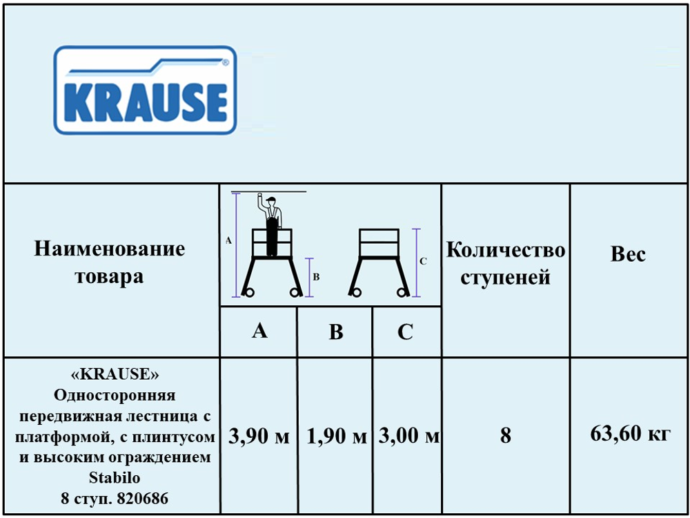 Новинка! Односторонняя передвижная лестница с платформой KRAUSE STABILO 8 ступеней с плинтусом и высоким поручнем 821188