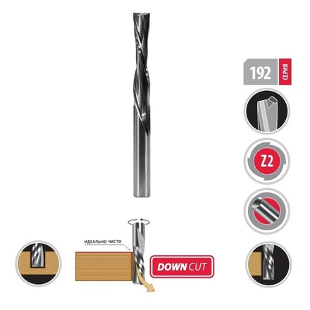 Новинка! Фреза спиральная монолитная S 10  D 10  I 52  L 100  Z 2 Down Cut с отрицательным углом наклона режущих гранеи Woodwork 192.5210.10