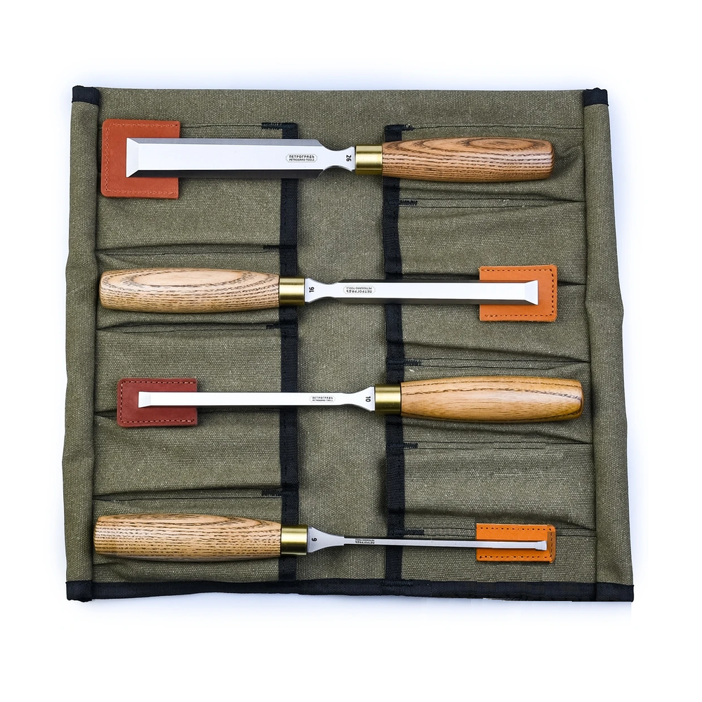 Новинка! Набор стамесок серия Волга 4 штуки 6, 10, 16, 26 мм в сумке - скрутке ПЕТРОГРАДЪ М00024160