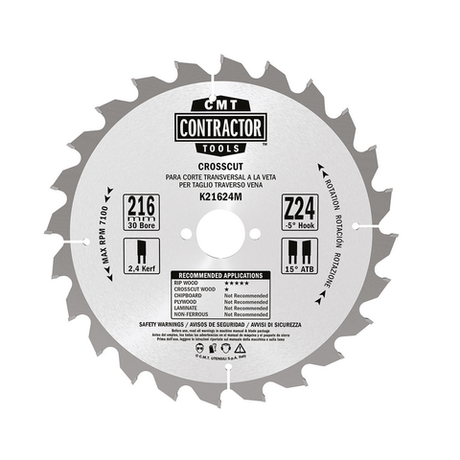 Новинка! Диск пильный универсальный CMT 216 x 2.4 / 1.6 x 30 Z24 ATB -5NEG Contractor K21624M-X10