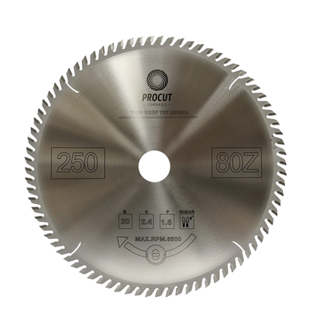 Новинка! Пильный диск PROCUT поперечный рез, тонкий пропил 250 x 30 x 2.4 / 1.6 Z 80 ATB по дереву, фанере, подходит для фиброцемента, гипсокартона 797.2503080A