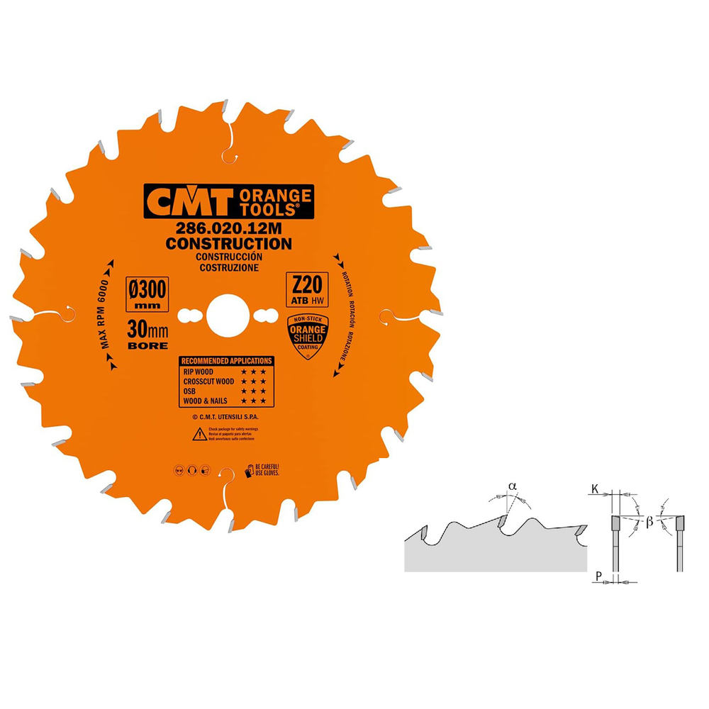 Новинка! Диск пильный CMT 300 x 30 x 2,8 / 1,8 15 гр. 5 гр. ATB Z 20 для пиления древесины на стройплощадке 286.020.12M