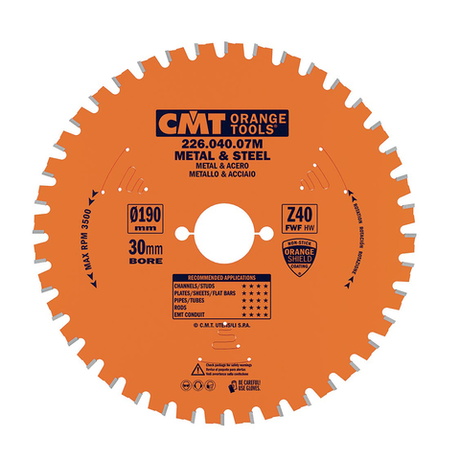 Новинка! Диск пильный CMT 190 x 30 x 2,0/1,6 мм 0° FWF Z=40 3500 об/мин, по стали сухой рез 226.040.07M