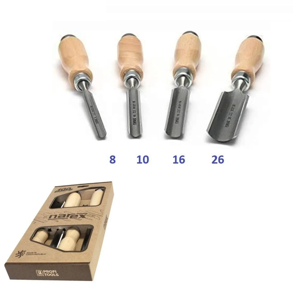 Новинка! Набор из 4 шт профессиональных полукруглых стамесок NAREX Wood Line Profi 8, 10, 16, 26 мм ручка из бука, светлые 863510