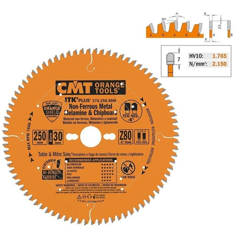 Новинка! Диск пильный по алюминию 250 x 2.6 / 1.8 x 30  Z 80 TCG NEG минус 6 градусов CMT 276.250.80M