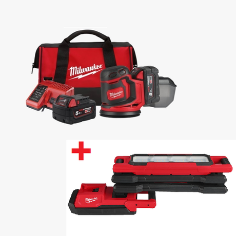 Комплект: Аккумуляторный Шлифовальная машина M18 BOS125-502B с 2 аккумуляторами, быстрозарядным устройством 4933464229 и Фонарь светодиодный M18 ABL-0 4933498147 MILWAUKEE N072-2AM