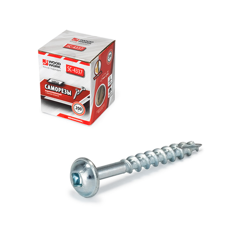 Новинка! Саморезы оцинкованные с плоской шляпкой 200 шт Woodwork Coarse Maxi-Loc L=37 мм d=4,1/4,5 мм, квадратный шлиц, для соединений на косой шуруп SC-4337