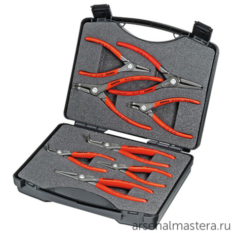 Набор прецизионных щипцов 8 шт (КОЛЬЦЕСЪЕМНИКОВ) для внутренних и внешних стопорных колец в кейсе KNIPEX KN-002125